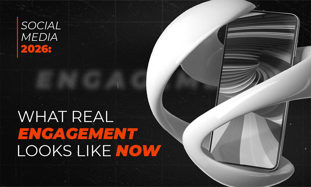 Futuristic smartphone with dynamic 3D swirl representing social media engagement trends 2026.