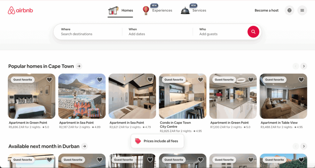airbnb home page